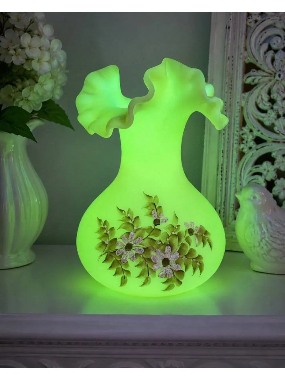 Vintage Fenton Custard Satin Uranium Glass Hand Painted Vase Alexis J Knopp UV